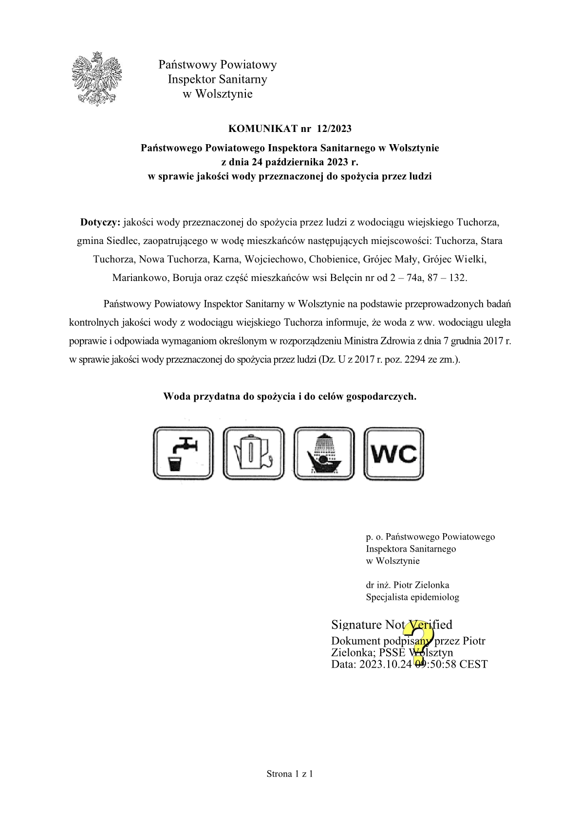 Komunikat Państwowego Powiatowego Inspektora Sanitarnego w Wolsztynie - WODA PRZYDATNA DO SPOŻYCIA I DO CELÓW GOSPODARCZYCH